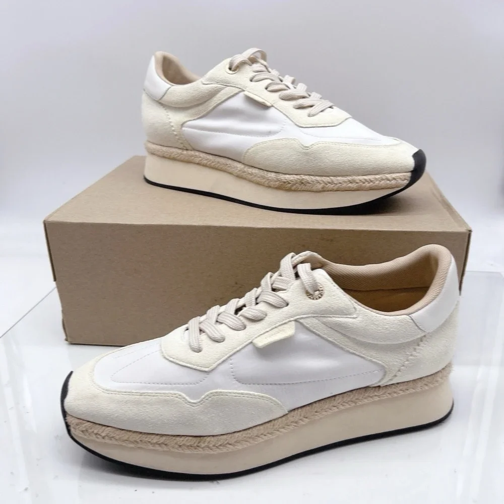 L'Agance Ivone Women's Platform Lace Up Sneakers Casual Shoes White Beige US 10